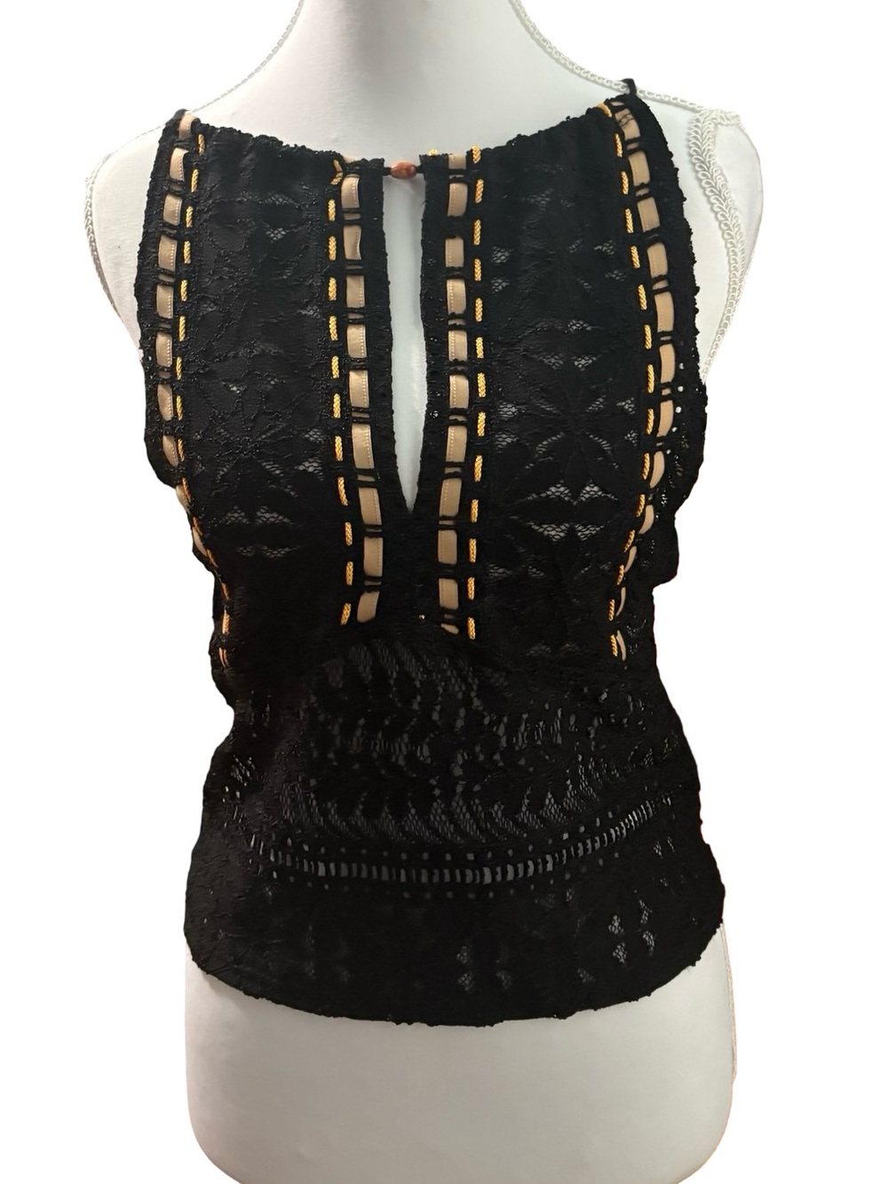 Free People Black Lace Tank with Tan Ladder Trim